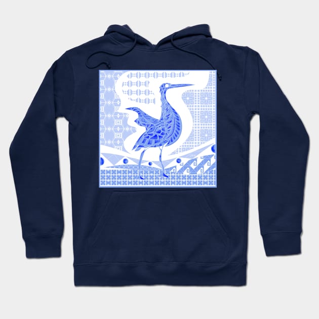 blue agami heron garza in ecopop talavera azulejo pattern in pop wallpaper Hoodie by jorge_lebeau